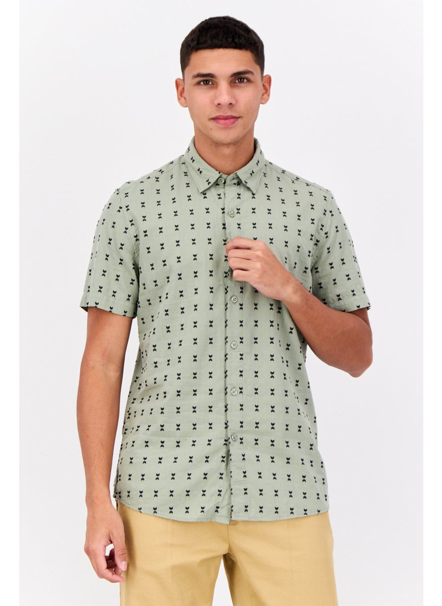 Peter Werth - Men Spread Collar Short Sleeves Allover Print Casual Shirt, Sage Green - Image 1