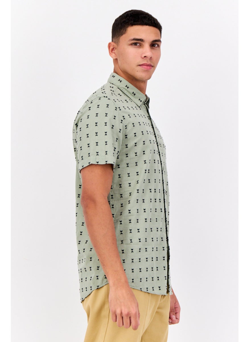 Peter Werth - Men Spread Collar Short Sleeves Allover Print Casual Shirt, Sage Green - Image 1