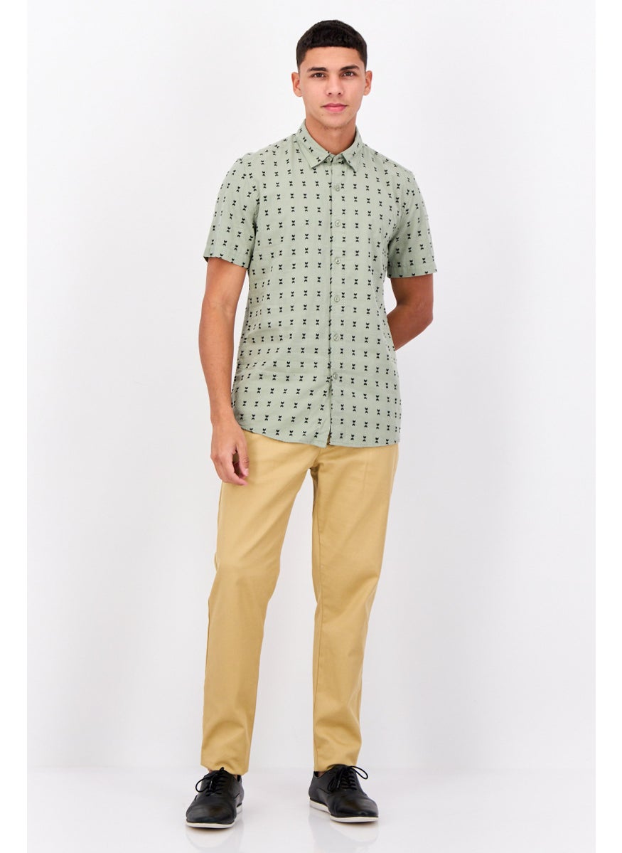 Peter Werth - Men Spread Collar Short Sleeves Allover Print Casual Shirt, Sage Green - Image 1