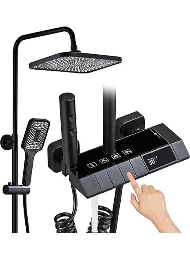 Black Shower | System with LED | Digital Display | Wall Mount Rain Mixer | Combo Set | 4-Way Fixture with 12" Rain Head | 3-Mode Handheld and Bidet - Image 1