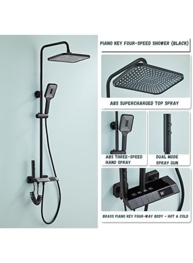 Black Shower | System with LED | Digital Display | Wall Mount Rain Mixer | Combo Set | 4-Way Fixture with 12" Rain Head | 3-Mode Handheld and Bidet - Image 2