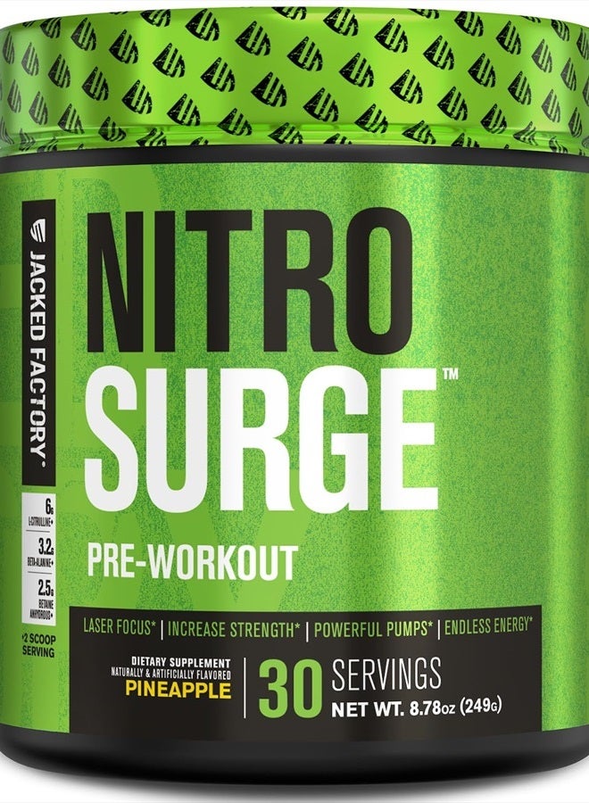 Jacked Factory NITROSURGE Pre Workout Supplement - for Energy, Instant Strength Gains, Clear Focus, Intense Pumps - Nitric Oxide Booster & Preworkout Powder with Beta Alanine - 30 Servings, Pineapple - Image 1