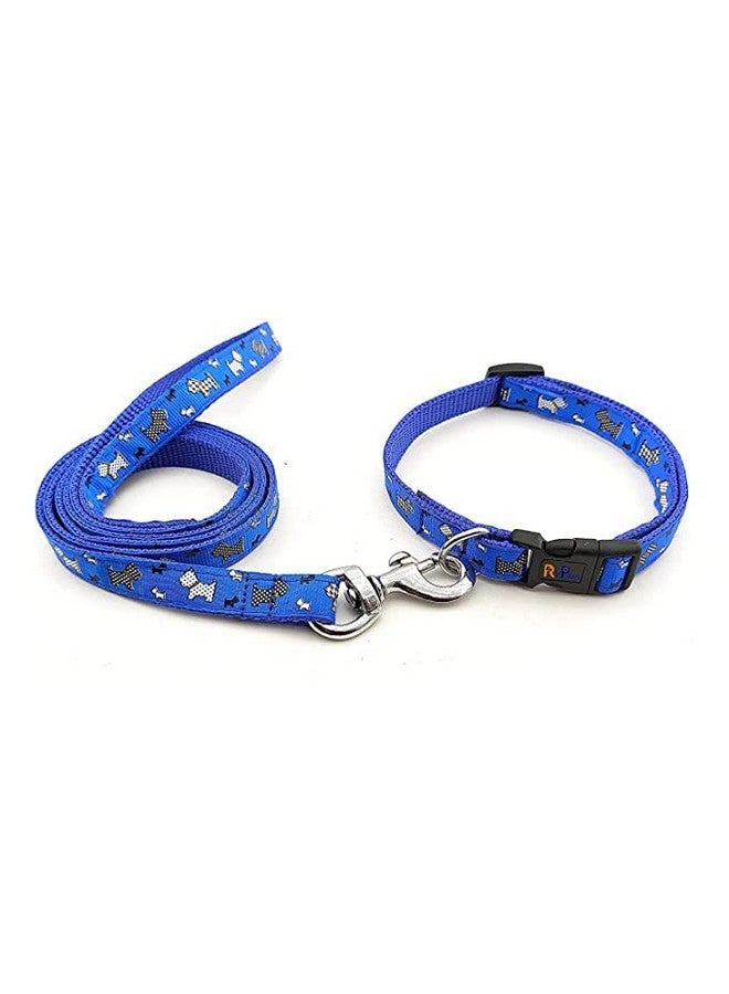 طقم طوق ومقود مطبوع للكلاب 15 مم - طوق نايلون قابل للتعديل مع جرس للكلاب الصغيرة والمتوسطة، طقم طوق ومقود للجراء والكلاب والقطط (أزرق، نمط 1) - Image 1