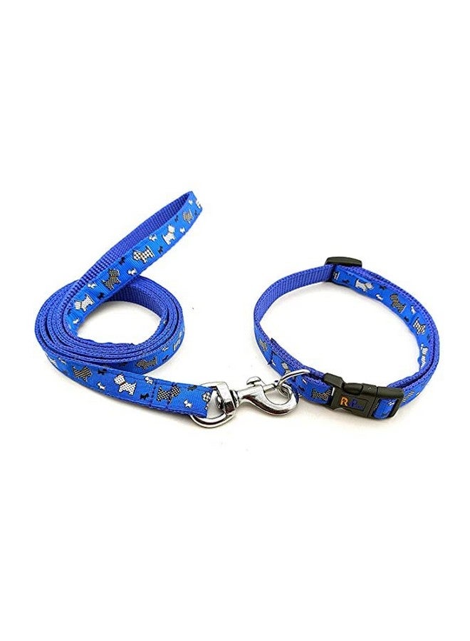 طقم طوق ومقود مطبوع للكلاب 15 مم - طوق نايلون قابل للتعديل مع جرس للكلاب الصغيرة والمتوسطة، طقم طوق ومقود للجراء والكلاب والقطط (أزرق، نمط 1) - Image 2