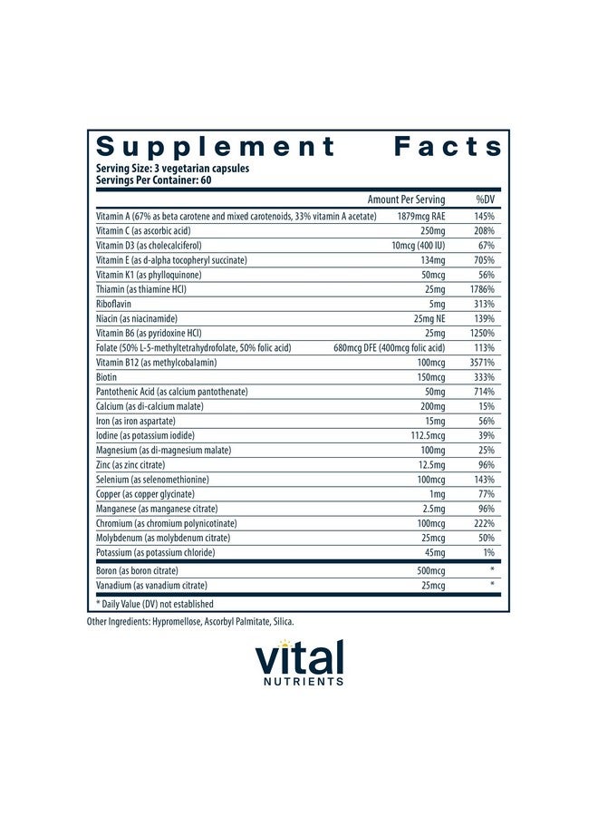 فيتل نيوترينس مغذيات متعددة قبل الولادة من Vital Nutrients | تركيبة الفيتامينات والمعادن المتعددة قبل الولادة للنساء مع مضادات الأكسدة القوية | نباتي | خالٍ من الجلوتين ومنتجات الألبان والصويا | غير معدّل وراثيًا | 180 كبسولة - Image 2