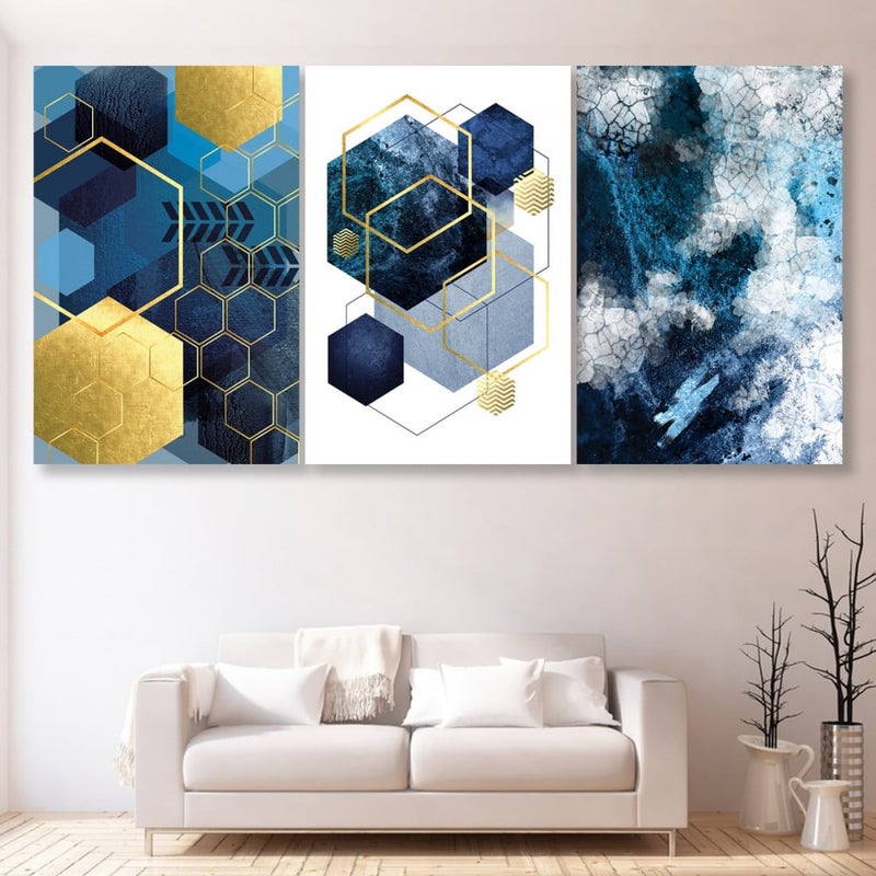 Marktna Three canvas panels with a geometric design and a hollow frame, measuring (150×70), three pieces - Image 1