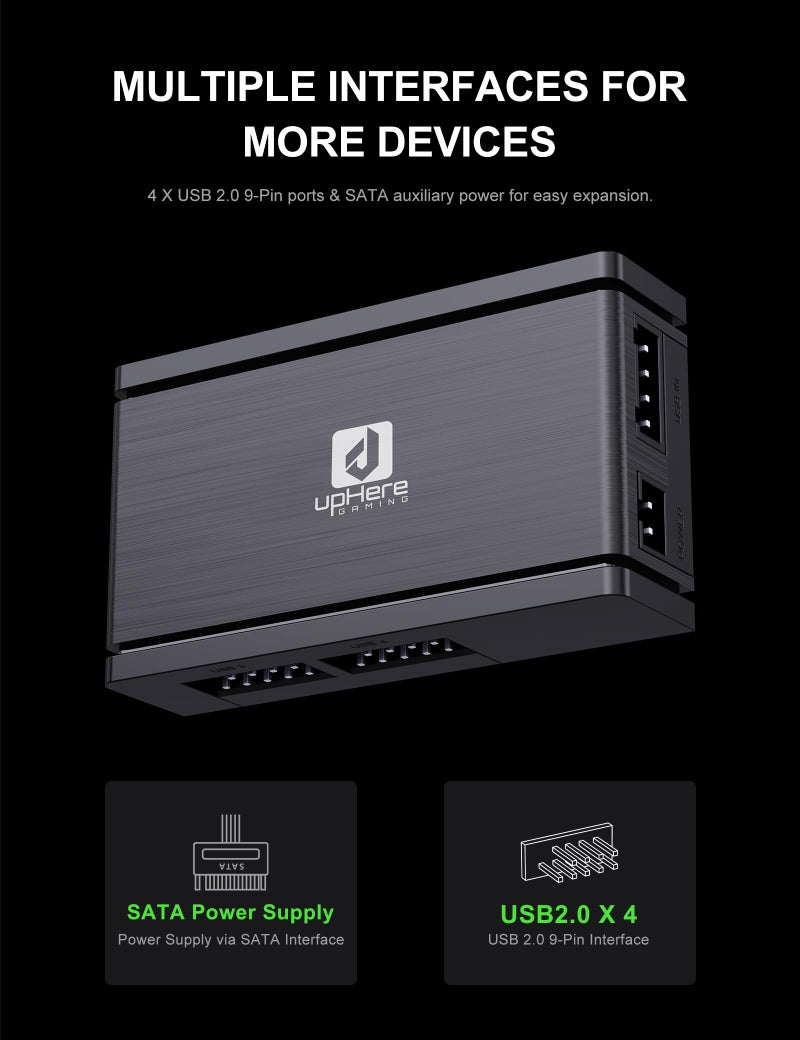 upHere Internal USB 2.0 Hub 9-Pin 1 to 4 Motherboard USB Hub with SATA Power & Magnetic Backplate Support ARGB PWM Fans LCD Liquid Cooler & Custom Loop Monitoring for PC Modders & Enthusiasts - Image 2