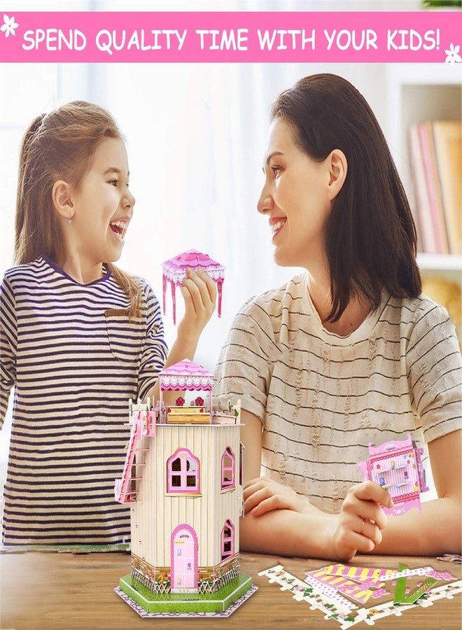 سورسينج باي بيت الدمى ثلاثي الأبعاد بتصميم "رومانسية السطح" للبنات - سهل التركيب، طقم بناء بيت الدمى المصغر ثلاثي الأبعاد مع إضاءة LED للأطفال - أحجيات ورقية تعليمية - هدية مثالية لألعاب الحرف اليدوية - 101 قطعة - Image 2