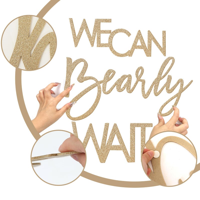 MASTRON We Can Bearly Wait Sign for Backdrop - Teddy Bear Themed Baby Party Banner Boy Girl Baby Shower Gender Reveal 1st Birthday Felt Letter Wall Decor Photography Background - Glitter Gold - Image 4