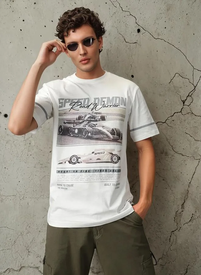 HIGH STAR Men Relaxed Fit Motoracer Graphic Printed F1 Cotton T-shirt