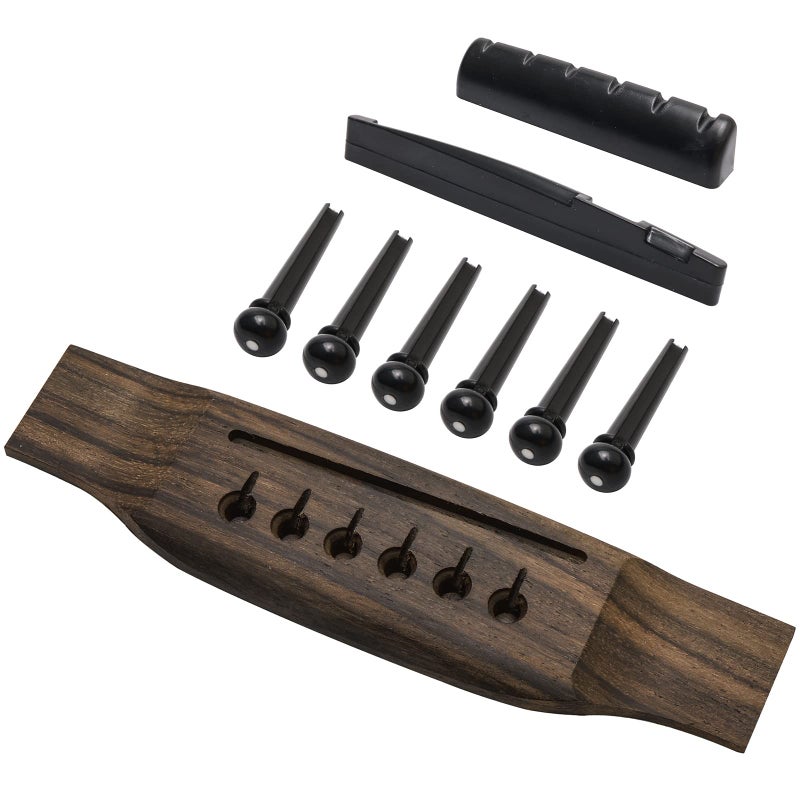 Swhmc 6 String Rosewood Acoustic Guitar Bridge Saddle Nut Pins Set with Six Pin Kit and Rosewood Bridge Replacement Parts, Black - Image 1