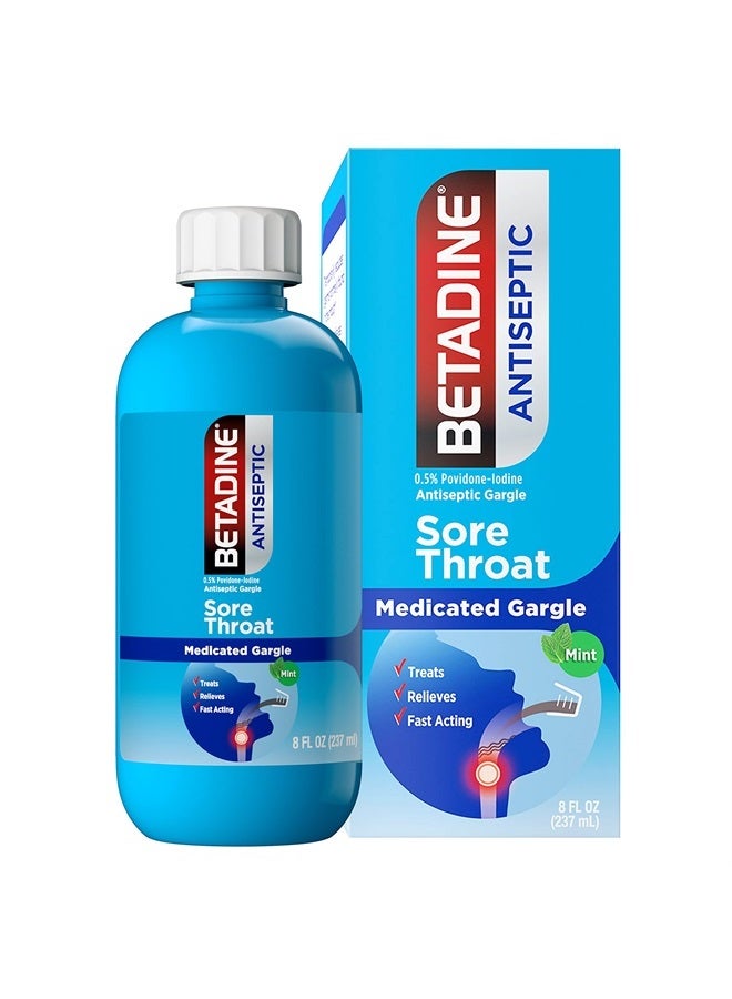 Betadine Antiseptic Medicated Gargle, Povidone-Iodine 0.5%, Treat and Relieve Sore Throat Symptoms, Temporarily Reduces Germs Normally Found in The Mouth, Mint Flavor, 8 FL OZ - Image 1
