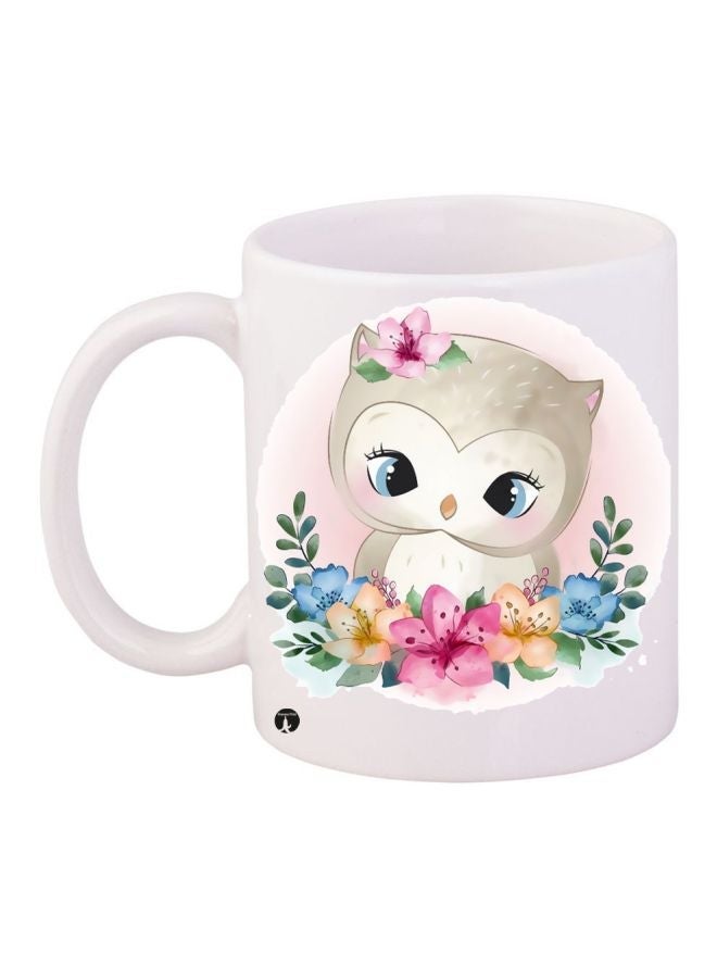 RYN Owl Printed Coffee Mug White/Pink/Beige 11ounce