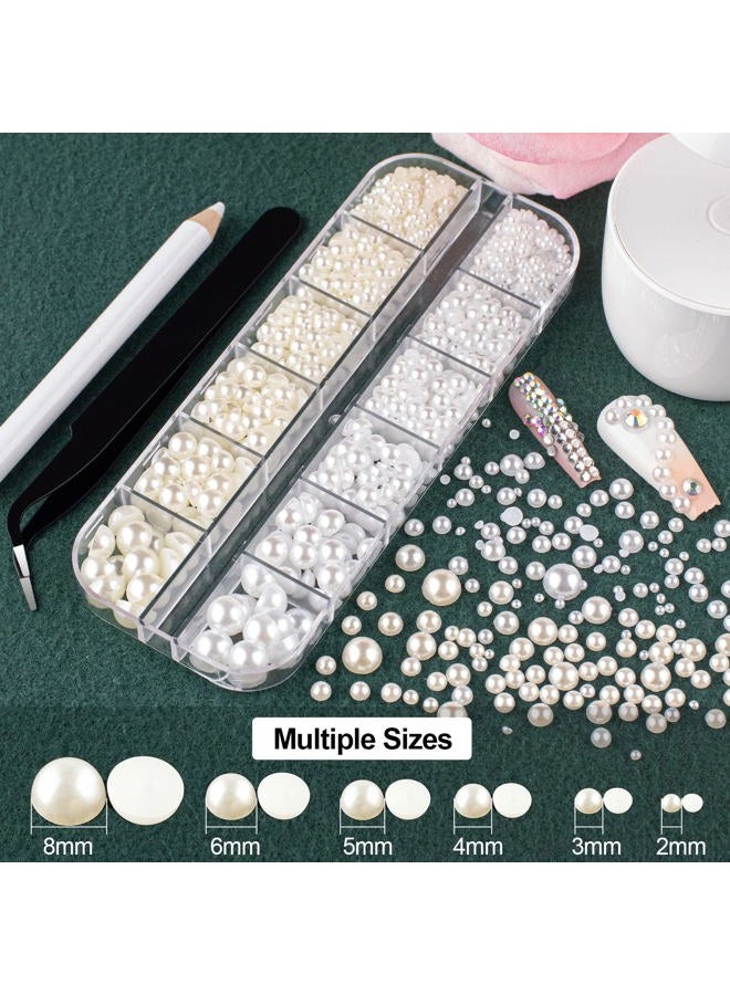BELLEBOOST Flat Back Rhinestones&Pearls Kits Round Glass Crystal Transparent White Gems+White&Beige Pearls with Quick Dry Makeup Glue+Picker Pencil+Tweezer for Nail Art and Face Eye Body Make-up - Image 3