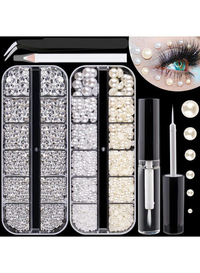 BELLEBOOST Flat Back Rhinestones&Pearls Kits Round Glass Crystal Transparent White Gems+White&Beige Pearls with Quick Dry Makeup Glue+Picker Pencil+Tweezer for Nail Art and Face Eye Body Make-up - Image 1