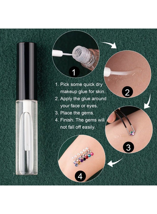 BELLEBOOST Flat Back Rhinestones&Pearls Kits Round Glass Crystal Transparent White Gems+White&Beige Pearls with Quick Dry Makeup Glue+Picker Pencil+Tweezer for Nail Art and Face Eye Body Make-up - Image 4