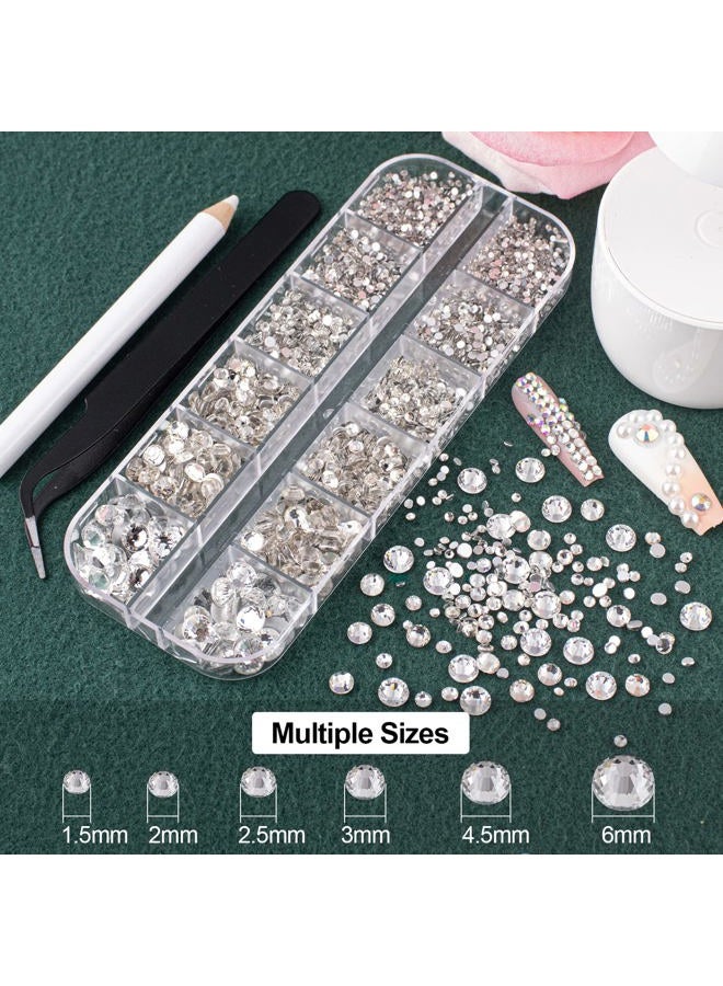 BELLEBOOST Flat Back Rhinestones&Pearls Kits Round Glass Crystal Transparent White Gems+White&Beige Pearls with Quick Dry Makeup Glue+Picker Pencil+Tweezer for Nail Art and Face Eye Body Make-up - Image 2