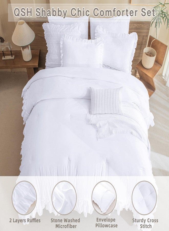 QSH White Ruffled Comforter Set Queen Size Farmhouse Shabby Boho Chic White Bedding Set Queen Size Lightweight Fluffy Microfiber Bed Comforter Set 3 Pieces - Image 3