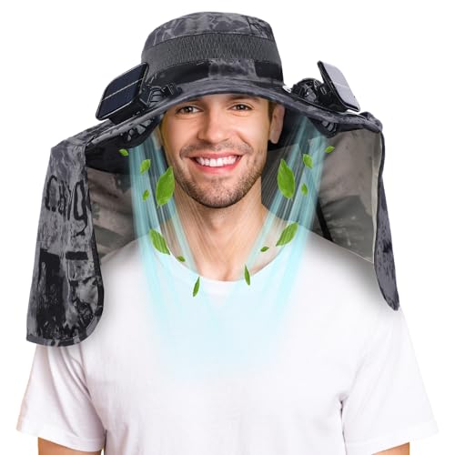 Chuarry Solar Powered Wide Brim Sun Hat with 2 Fan Outdoor USB Charging Fishing Hat with Neck Flap for Men Women HikingDark Gray Camouflage - Image 1