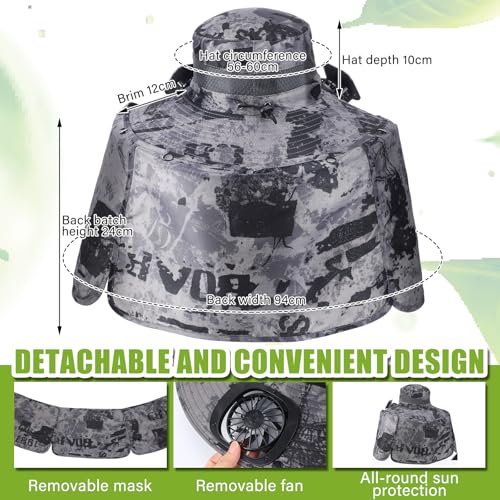 Chuarry Solar Powered Wide Brim Sun Hat with 2 Fan Outdoor USB Charging Fishing Hat with Neck Flap for Men Women HikingDark Gray Camouflage - Image 3