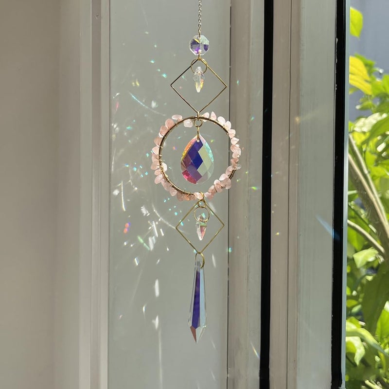 HOSTEESSCHOICE Crystal Suncatchers Window Hanging Wind Chime Pendant Ornament with Rough Stones Amethyst,for Home, Garden Tree Plants, and Meditation Decor (Pink) - Image 1