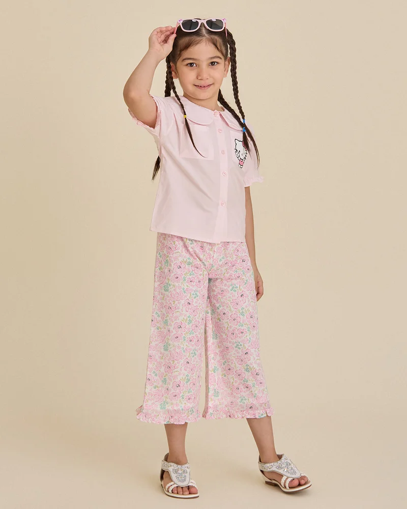 REDTAG Girls Pink Floral Lurex Frill Trouser