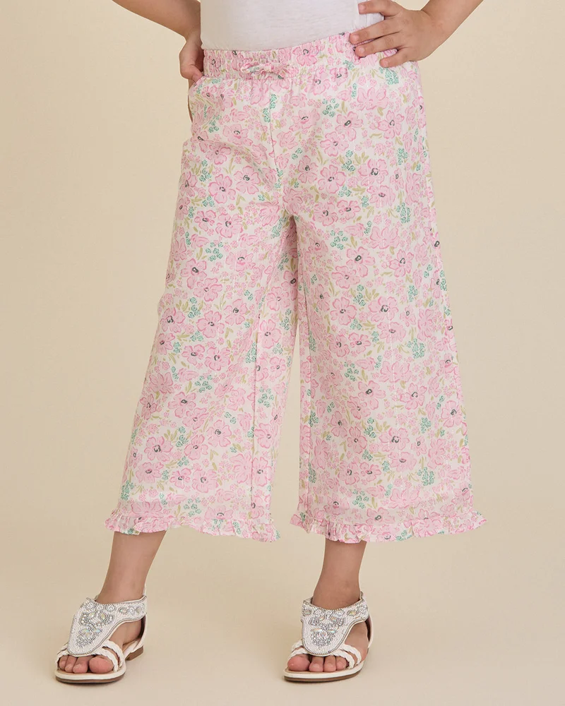 REDTAG Girls Pink Floral Lurex Frill Trouser