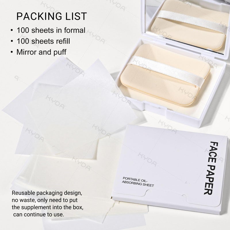 KYDA 200 Sheets Bamboo Charcoal Face Oil Blotting Paper, Included Refills, Mirror and Puff, Oil Absorbing Sheets for Makeup, Oil Control Shine, Absorb Excess Oil, Travel Size Gentle Face Makeup - Image 2