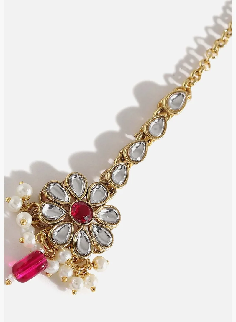 SOHI Gold Plated Designer Stone Party Necklace, Earring and Maang Tikka Set For Women