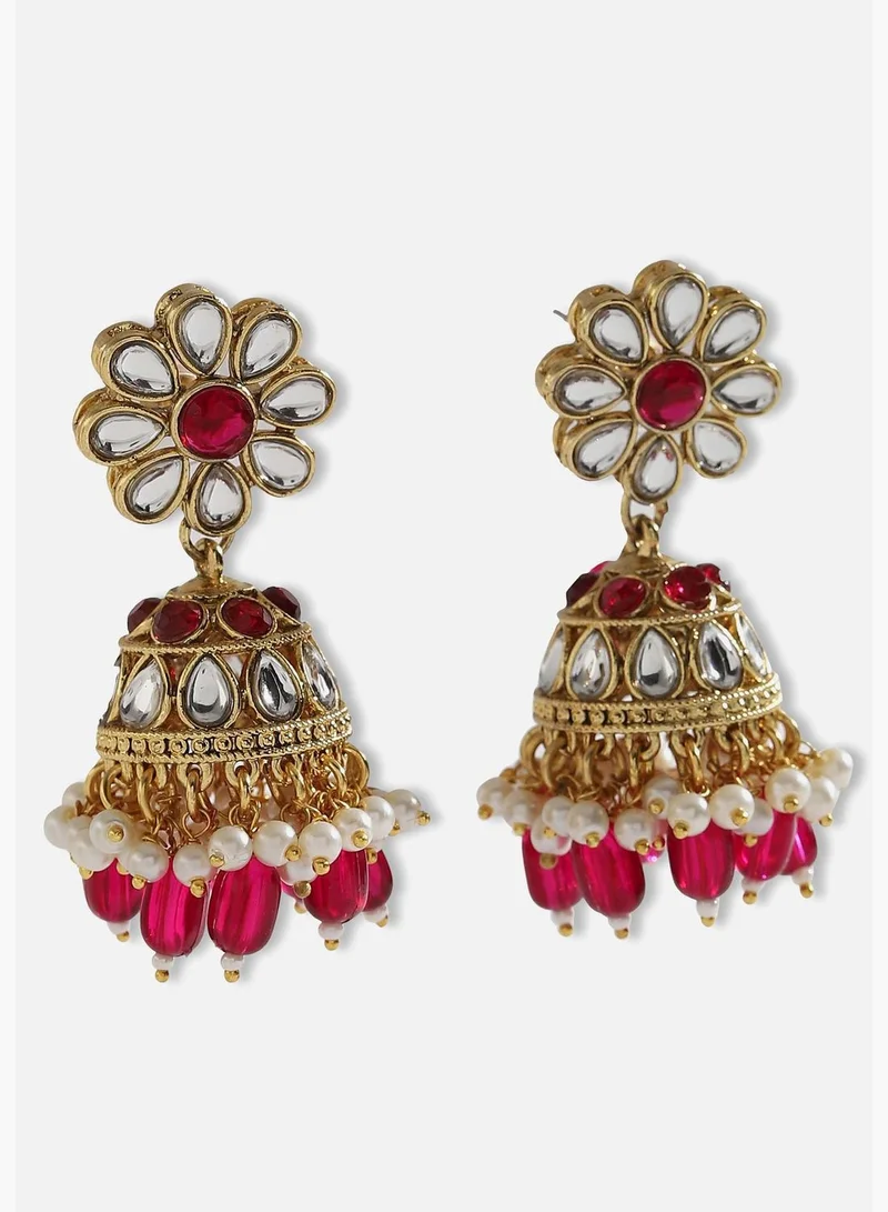 SOHI Gold Plated Designer Stone Party Necklace, Earring and Maang Tikka Set For Women