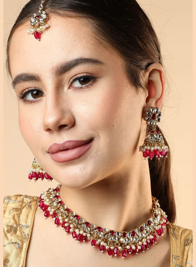 SOHI Gold Plated Designer Stone Party Necklace, Earring and Maang Tikka Set For Women
