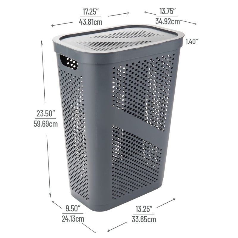 Mind Reader Slim Laundry Hamper with Lid, 60L Clothes Basket, Ventilated Plastic, Gray - Image 3