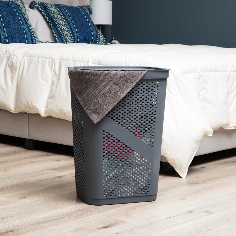 Mind Reader Slim Laundry Hamper with Lid, 60L Clothes Basket, Ventilated Plastic, Gray - Image 2