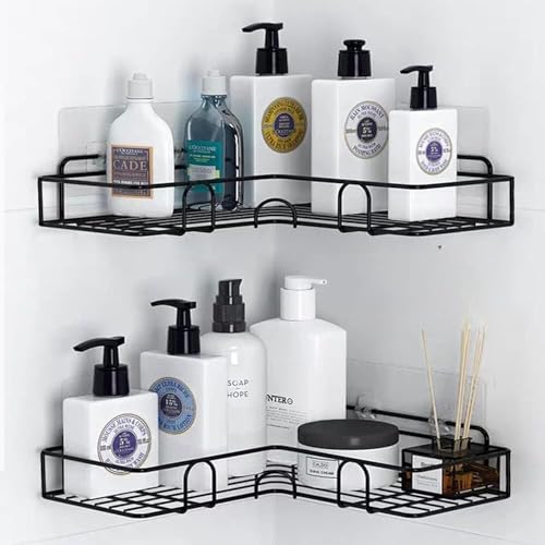 Boniry Metal Corner Shelf for Bathroom, Self Adhesive Bathroom Corner Shelf for Wall, Shampoo Holder for Bathroom Corner with Magic Stickers, Ideal for Bathroom Accessories (Big Corner 2 Pcs), Black - Image 1
