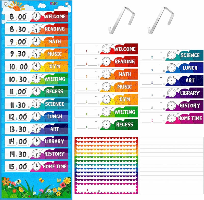SpriteGru Daily Schedule Pocket Chart, Classroom Chart with 13+1 Pockets, 26 Reusable Cards (13 Double Sided Printed Cards & 13 Blank Ones) plus 2 Metal Mounting Hangers (Blue Sky, 13” x 36”) - Image 1