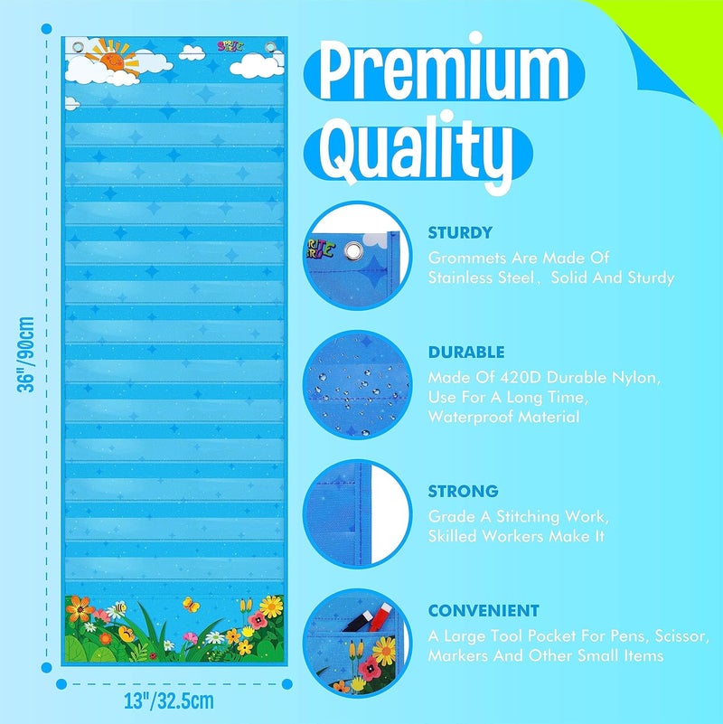 SpriteGru Daily Schedule Pocket Chart, Classroom Chart with 13+1 Pockets, 26 Reusable Cards (13 Double Sided Printed Cards & 13 Blank Ones) plus 2 Metal Mounting Hangers (Blue Sky, 13” x 36”) - Image 2