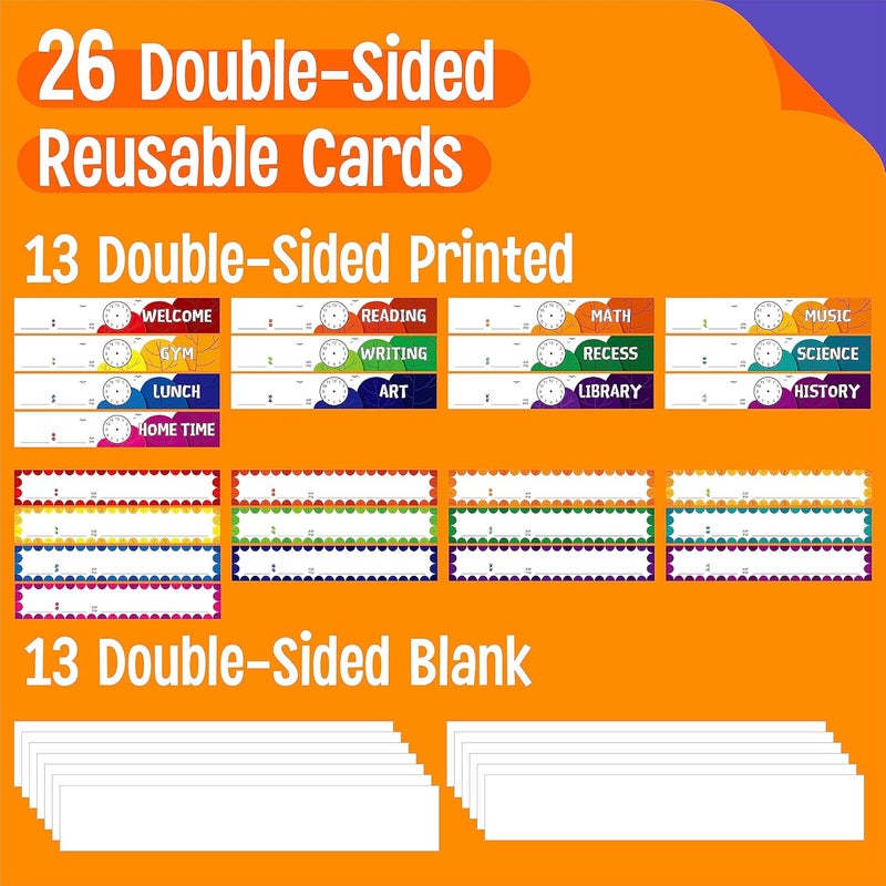 SpriteGru Daily Schedule Pocket Chart, Classroom Chart with 13+1 Pockets, 26 Reusable Cards (13 Double Sided Printed Cards & 13 Blank Ones) plus 2 Metal Mounting Hangers (Blue Sky, 13” x 36”) - Image 3