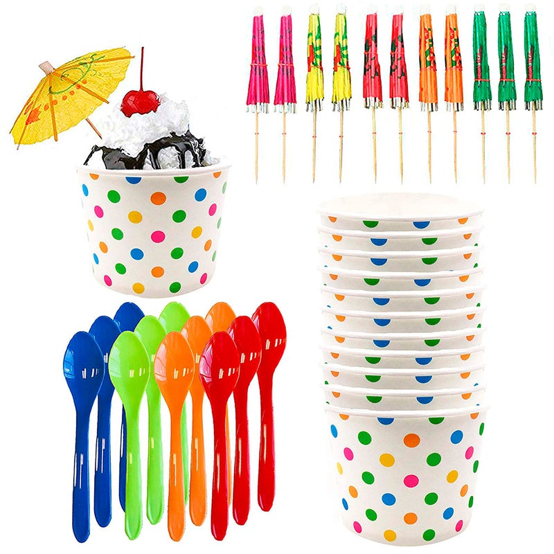 Outside the Box Pape Ice Cream Sundae Kit - 12 Ounce Polka Dot Paper Treat Cups - Heavyweight Plastic Spoons - Paper Umbrellas - 12 Each Pink Orange Yellow Green Blue - Image 1