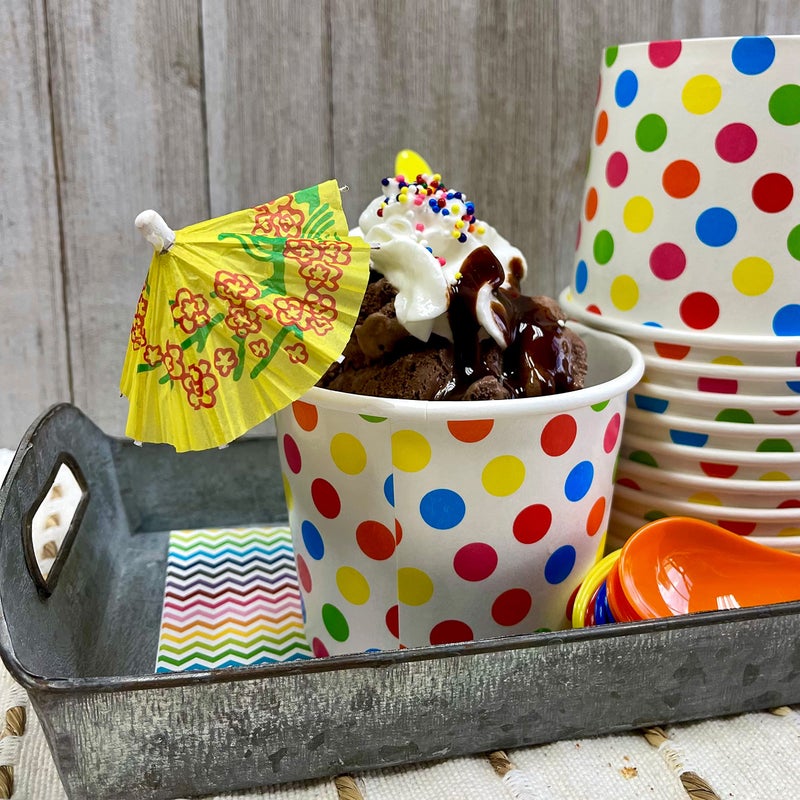 Outside the Box Pape Ice Cream Sundae Kit - 12 Ounce Polka Dot Paper Treat Cups - Heavyweight Plastic Spoons - Paper Umbrellas - 12 Each Pink Orange Yellow Green Blue - Image 2