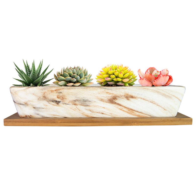Artketty Succulent Pots  9.8 Inch Ceramic Succulent Planters With Drainage Small Bonsai Pot With Bamboo Tray  Mini Cactus Flower Planter Pot Shallow Rectangular Window Planters For Indoor Plants - Image 1