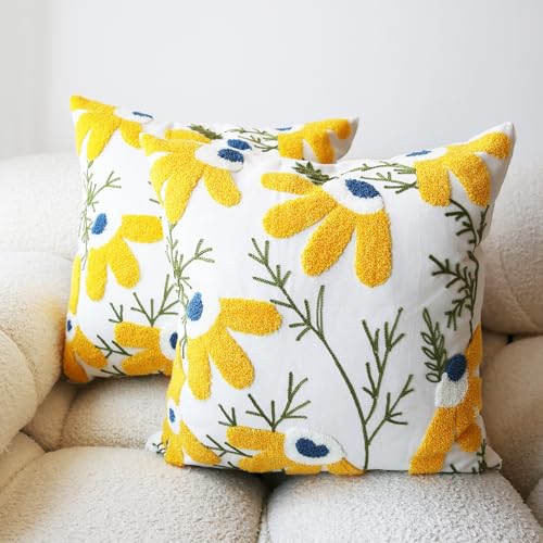 Leebright Embroidered Throw Pillow Cover Boho Beige Yellow 2PCS Pillow Covers for Couch Sofa Cotton Linen Daisy Floral Bohemian Pillow Covers 3D Big Flowers Botanical Pillowcase Covers 18x18 Inch - Image 1