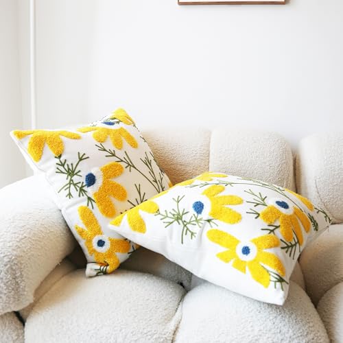 Leebright Embroidered Throw Pillow Cover Boho Beige Yellow 2PCS Pillow Covers for Couch Sofa Cotton Linen Daisy Floral Bohemian Pillow Covers 3D Big Flowers Botanical Pillowcase Covers 18x18 Inch - Image 3
