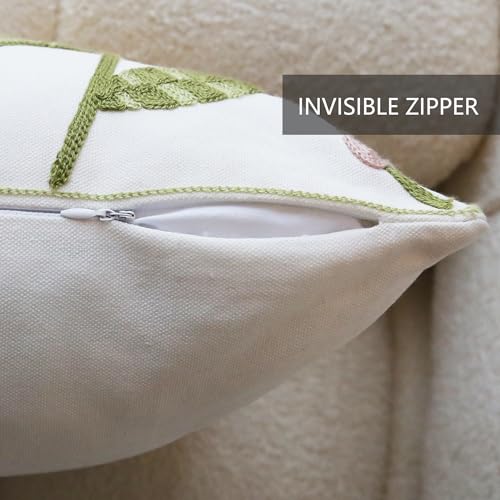 Leebright Embroidered Throw Pillow Cover Boho Beige Yellow 2PCS Pillow Covers for Couch Sofa Cotton Linen Daisy Floral Bohemian Pillow Covers 3D Big Flowers Botanical Pillowcase Covers 18x18 Inch - Image 5