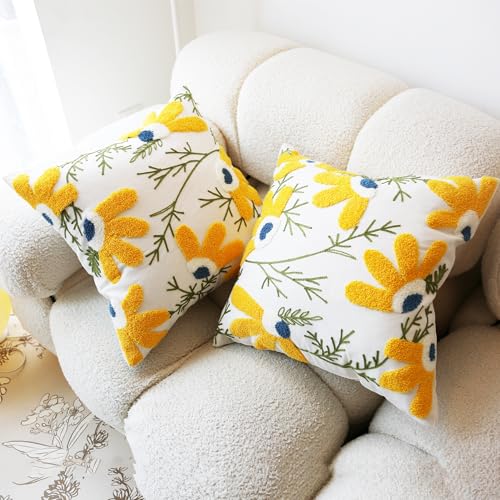 Leebright Embroidered Throw Pillow Cover Boho Beige Yellow 2PCS Pillow Covers for Couch Sofa Cotton Linen Daisy Floral Bohemian Pillow Covers 3D Big Flowers Botanical Pillowcase Covers 18x18 Inch - Image 4