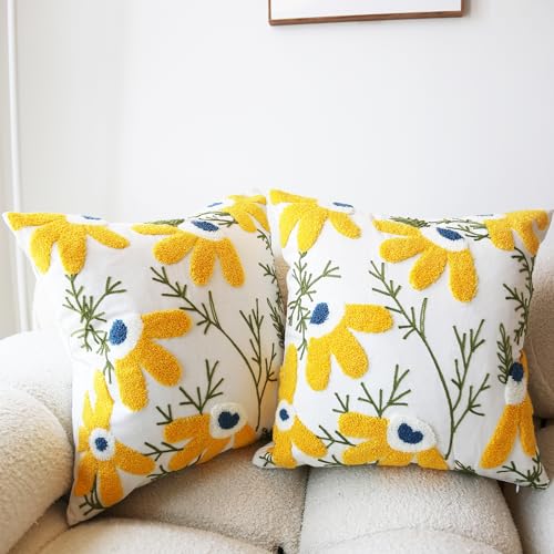 Leebright Embroidered Throw Pillow Cover Boho Beige Yellow 2PCS Pillow Covers for Couch Sofa Cotton Linen Daisy Floral Bohemian Pillow Covers 3D Big Flowers Botanical Pillowcase Covers 18x18 Inch - Image 2
