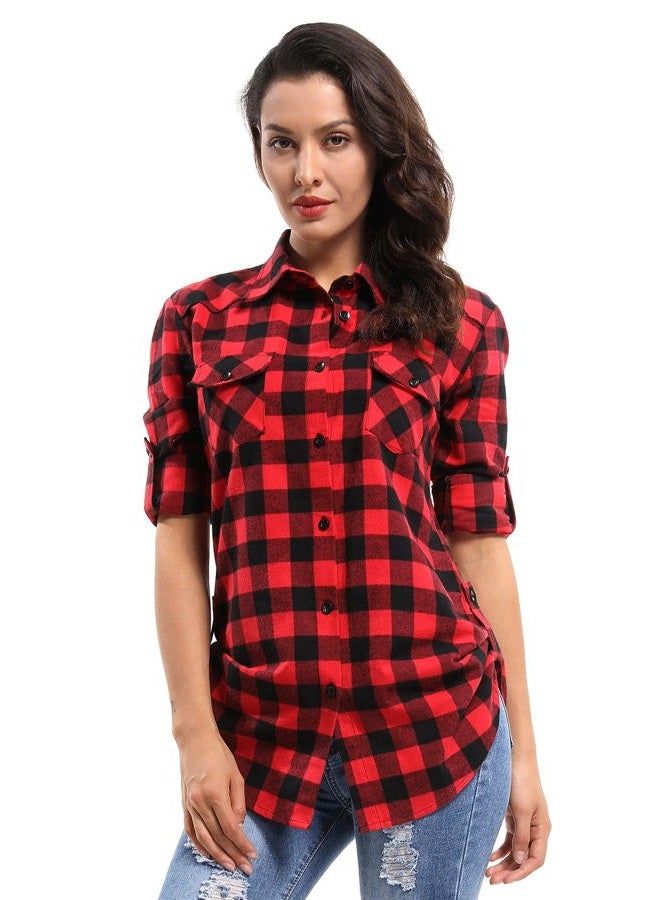 OCHENTA Women's Roll Up Sleeve Button Down Plaid Flannel Shirt Fall Casual Tops D055 Black White M - Image 2