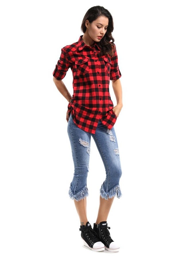 OCHENTA Women's Roll Up Sleeve Button Down Plaid Flannel Shirt Fall Casual Tops D055 Black White M - Image 4