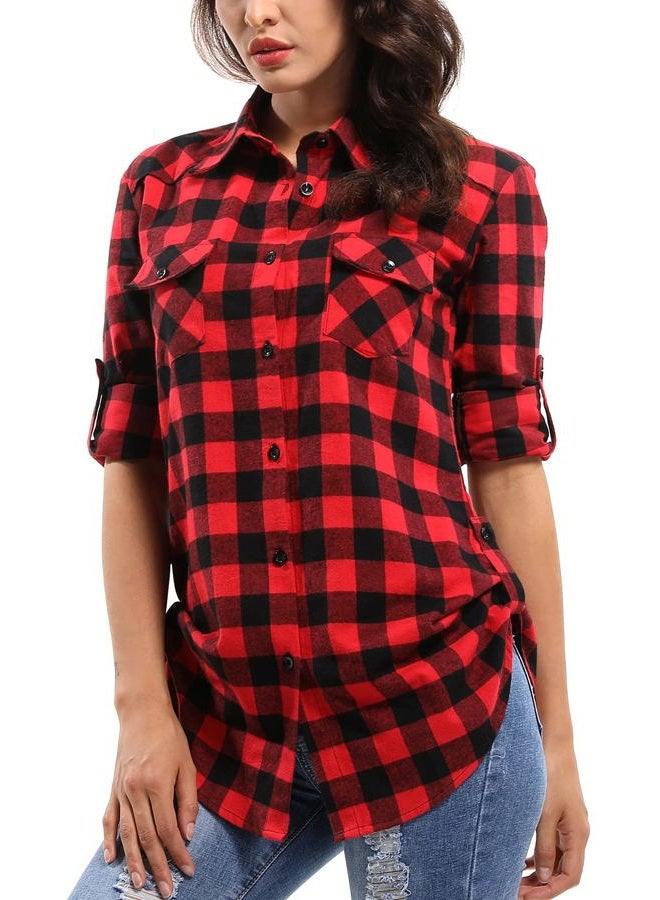 OCHENTA Women's Roll Up Sleeve Button Down Plaid Flannel Shirt Fall Casual Tops D055 Black White M - Image 1