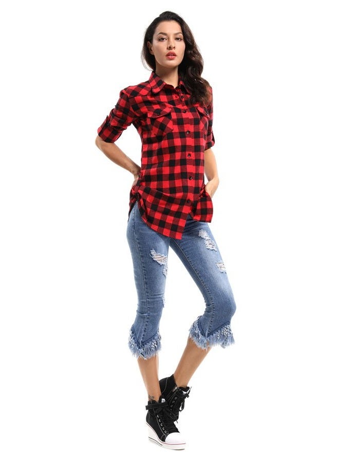 OCHENTA Women's Roll Up Sleeve Button Down Plaid Flannel Shirt Fall Casual Tops D055 Black White M - Image 5