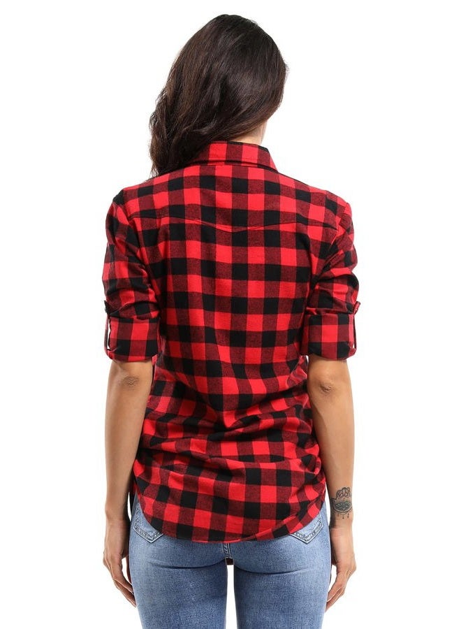 OCHENTA Women's Roll Up Sleeve Button Down Plaid Flannel Shirt Fall Casual Tops D055 Black White M - Image 3